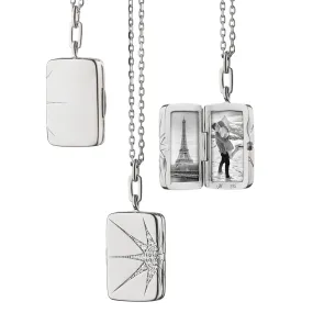 Monica Rich Kosann Sterling Silver Rectangle Elongated Star Locket Necklace with White Sapphire