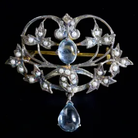 Moonstone Diamond Pearl Brooch 18Ct Gold Silver