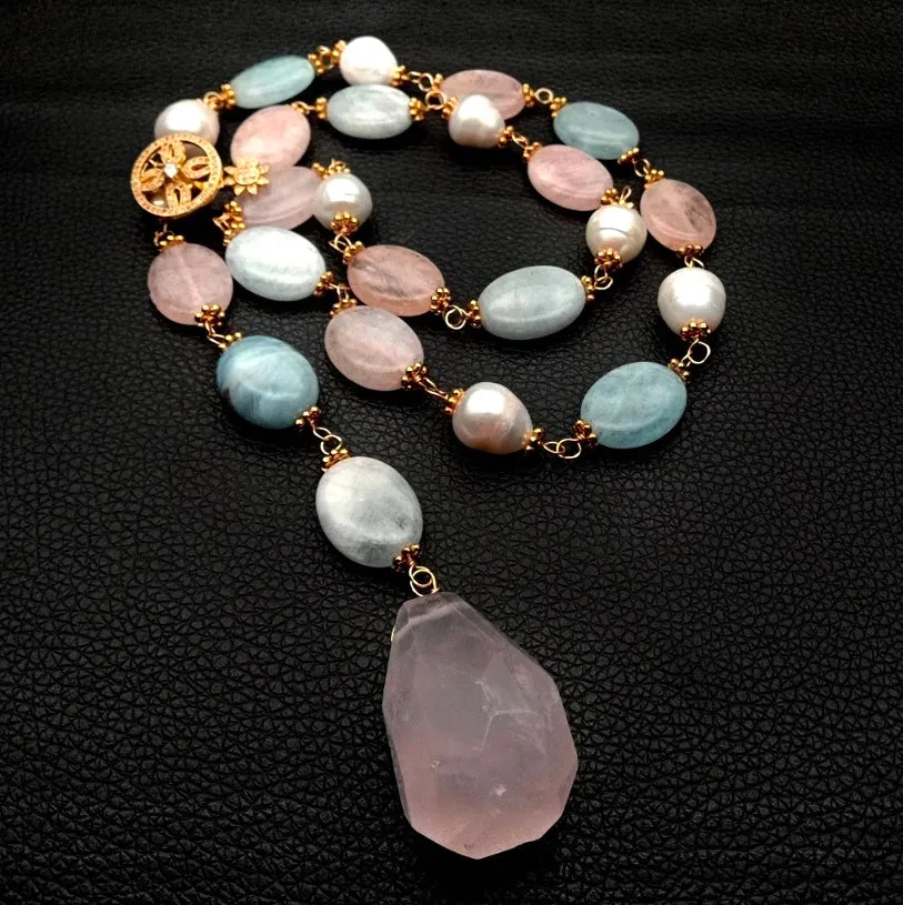 Morganite, Rose Quartz and Pearl Gemstone Statement Necklace 28"