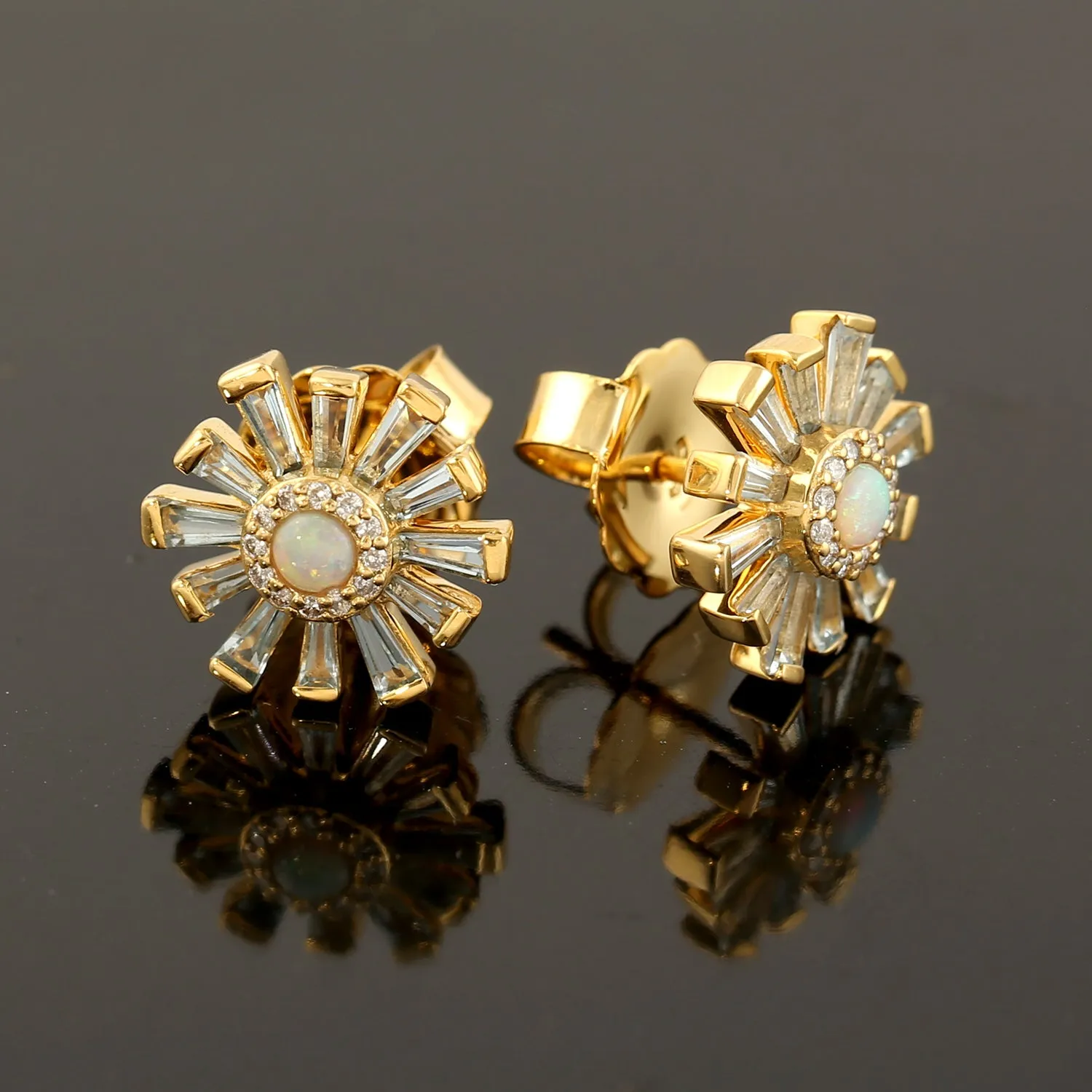 Multiple Baguette Gemstone Floral Design Stud Earrings In 18k Yellow Gold