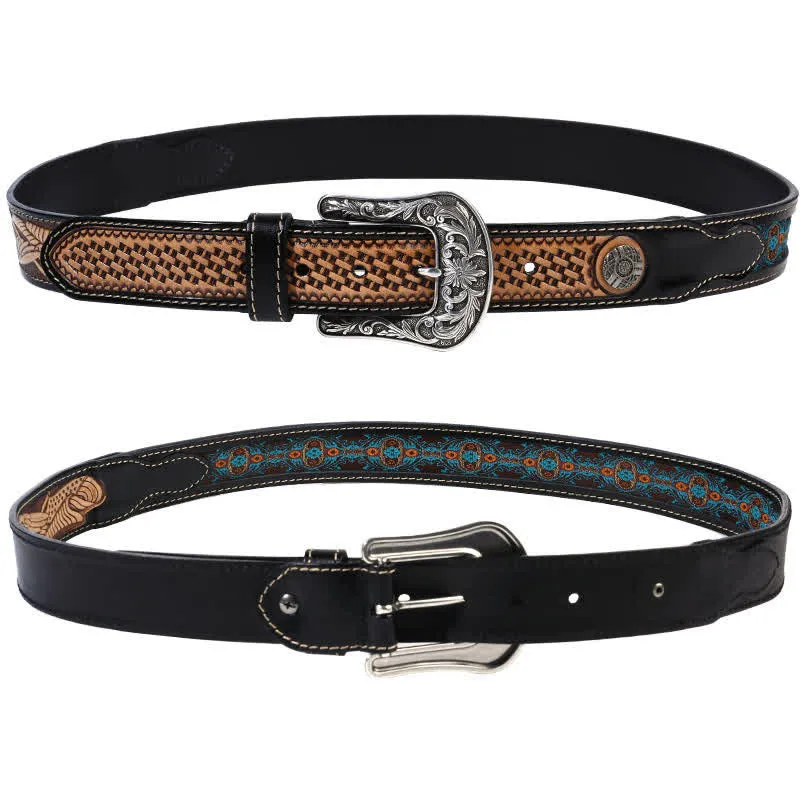 Native Style Retro Basket Weave Pattern Leather Belt