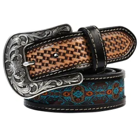 Native Style Retro Basket Weave Pattern Leather Belt