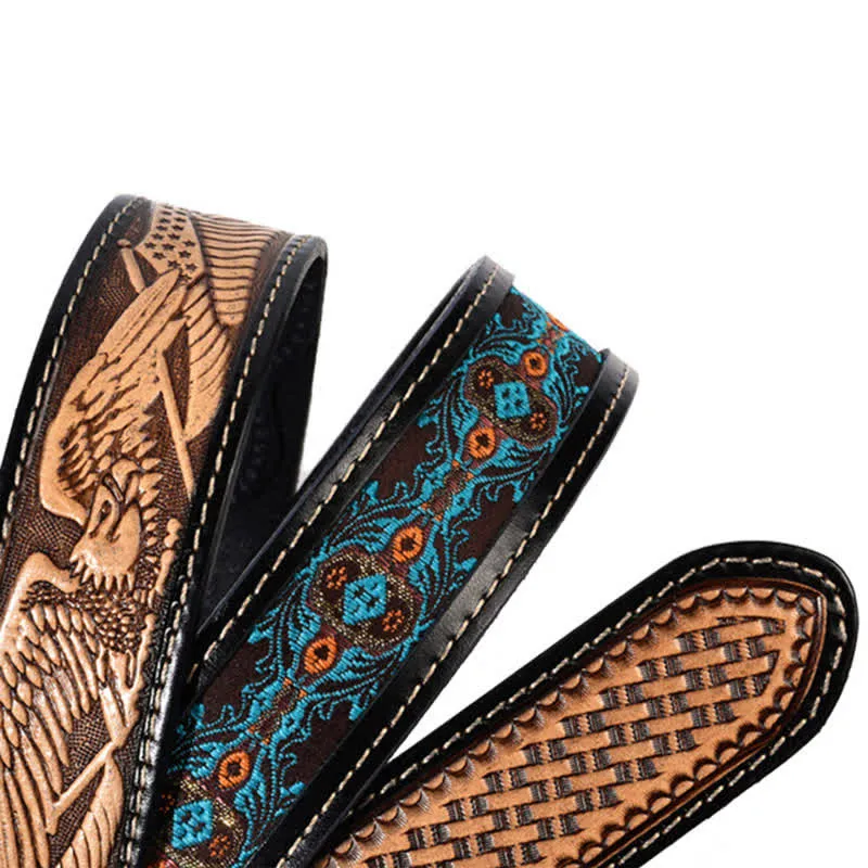 Native Style Retro Basket Weave Pattern Leather Belt