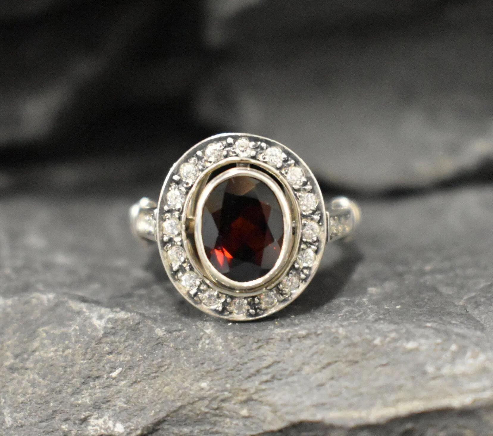 Natural Garnet Ring - Red Vintage Ring - Oval Bezel Ring