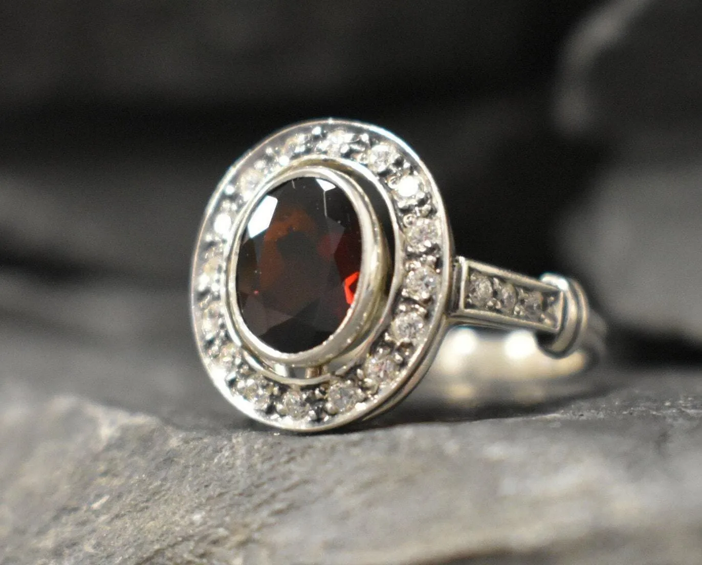 Natural Garnet Ring - Red Vintage Ring - Oval Bezel Ring