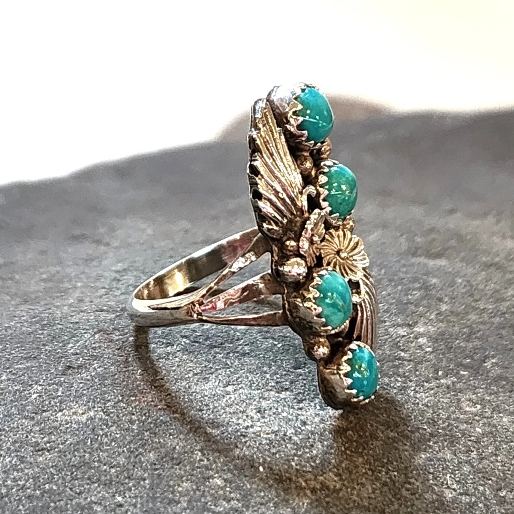 Navajo Flowers & Turquoise Ring - Size 7