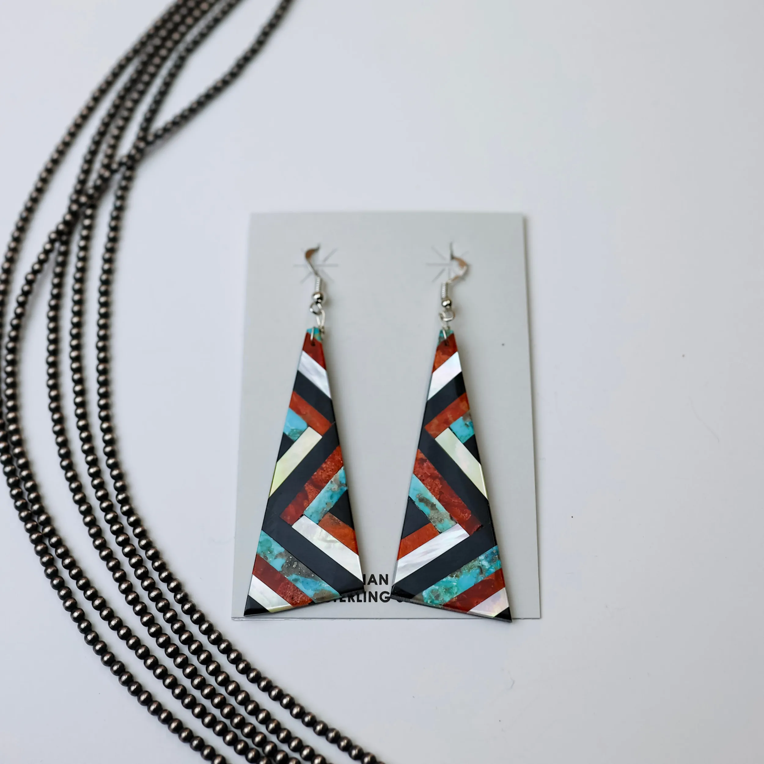 Navajo | Navajo Handmade Turquoise, Opal, Red Orange Spiny Oyster and Onyx Geometric Design Slab Earrings