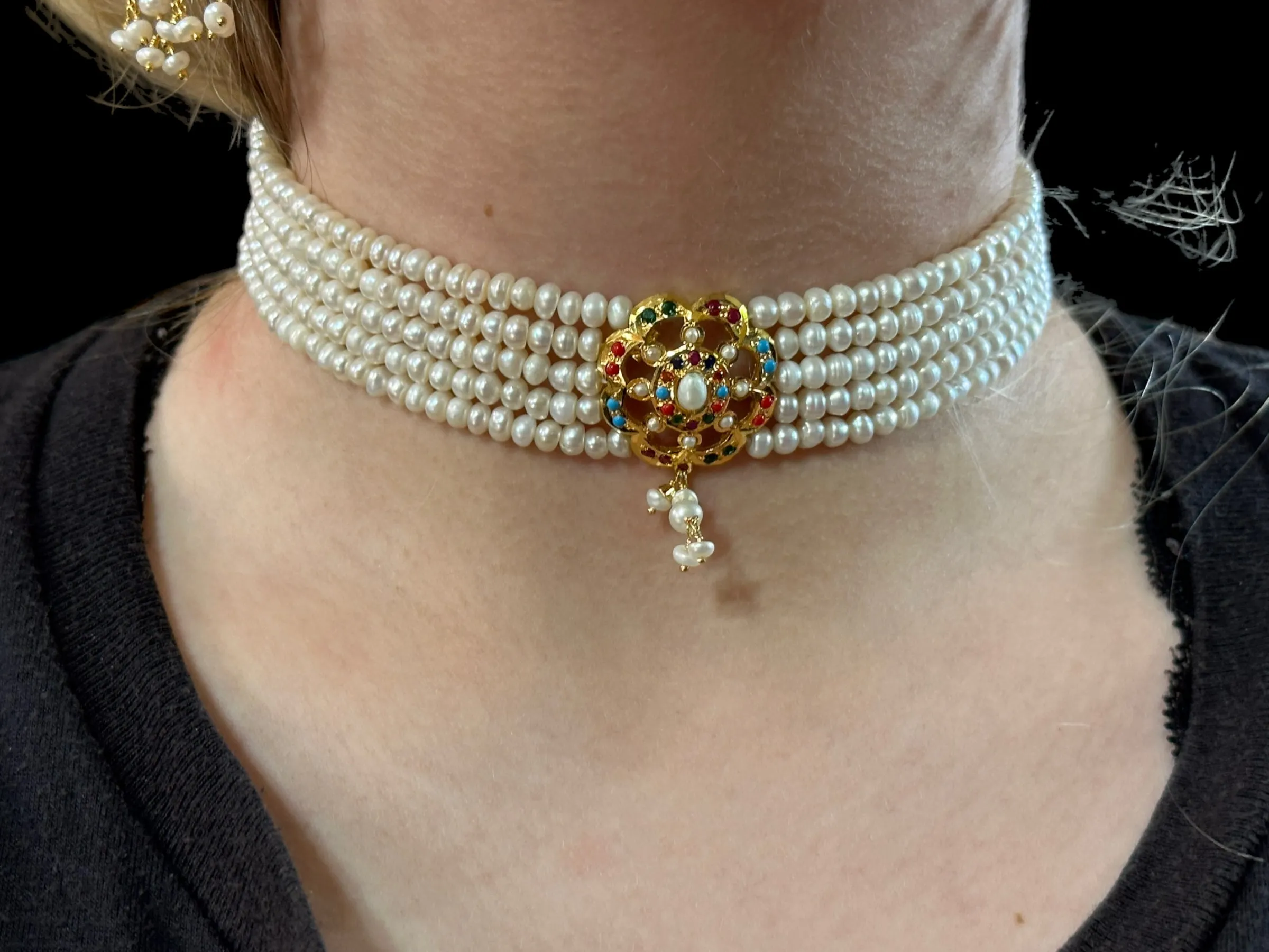 Navratan jadau choker set in fresh water pearls on gold plated silver ( READY TO SHIP )