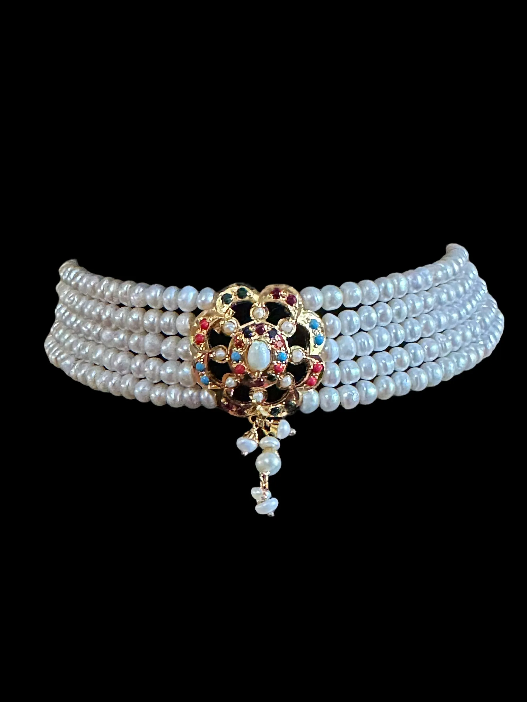 Navratan jadau choker set in fresh water pearls on gold plated silver ( READY TO SHIP )