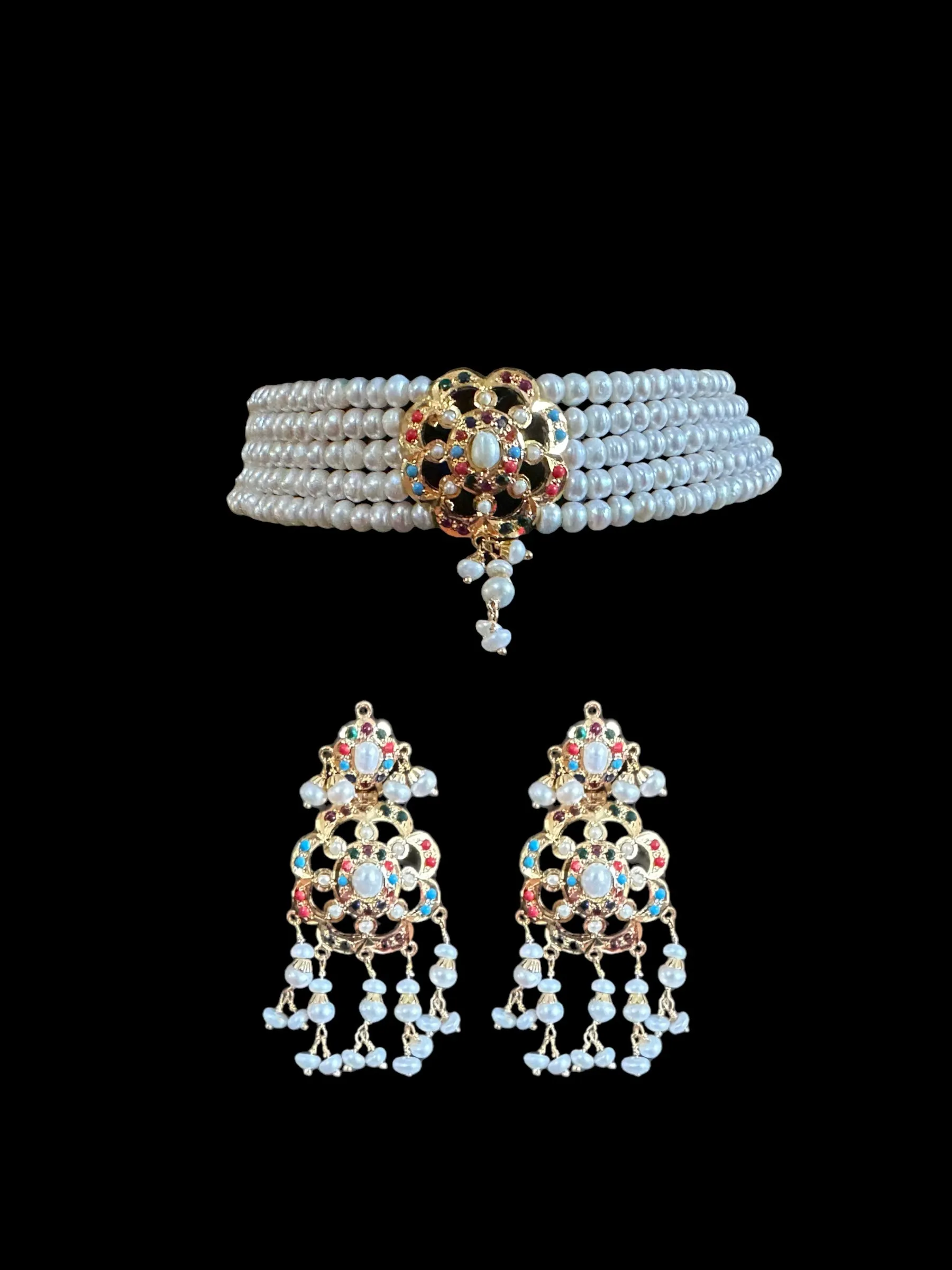 Navratan jadau choker set in fresh water pearls on gold plated silver ( READY TO SHIP )