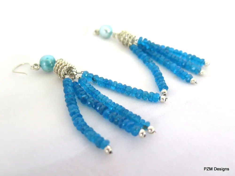 Neon Apatite Tassel Earrings with Blue Pearl Accents, Art Deco Style fine jewelry