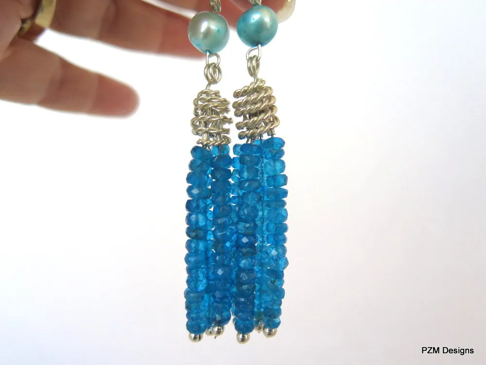 Neon Apatite Tassel Earrings with Blue Pearl Accents, Art Deco Style fine jewelry