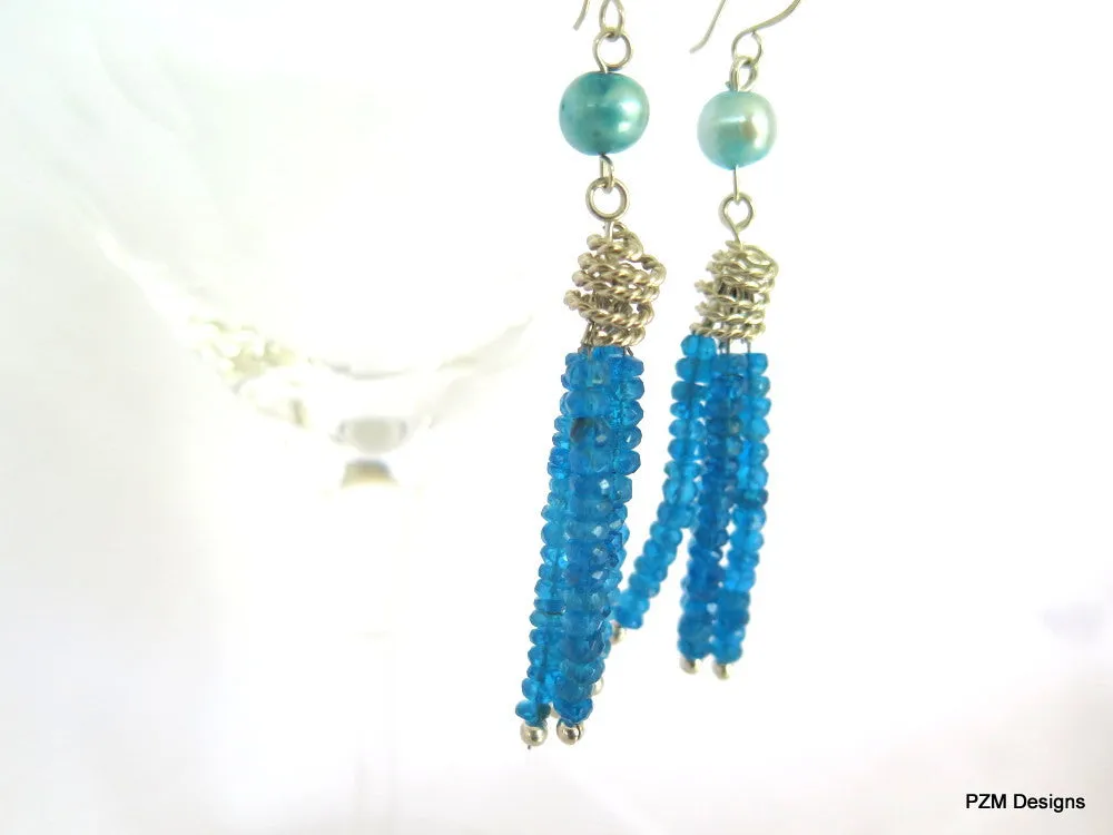 Neon Apatite Tassel Earrings with Blue Pearl Accents, Art Deco Style fine jewelry