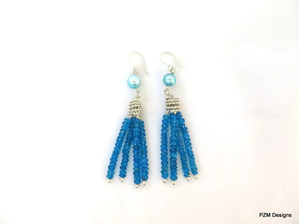 Neon Apatite Tassel Earrings with Blue Pearl Accents, Art Deco Style fine jewelry