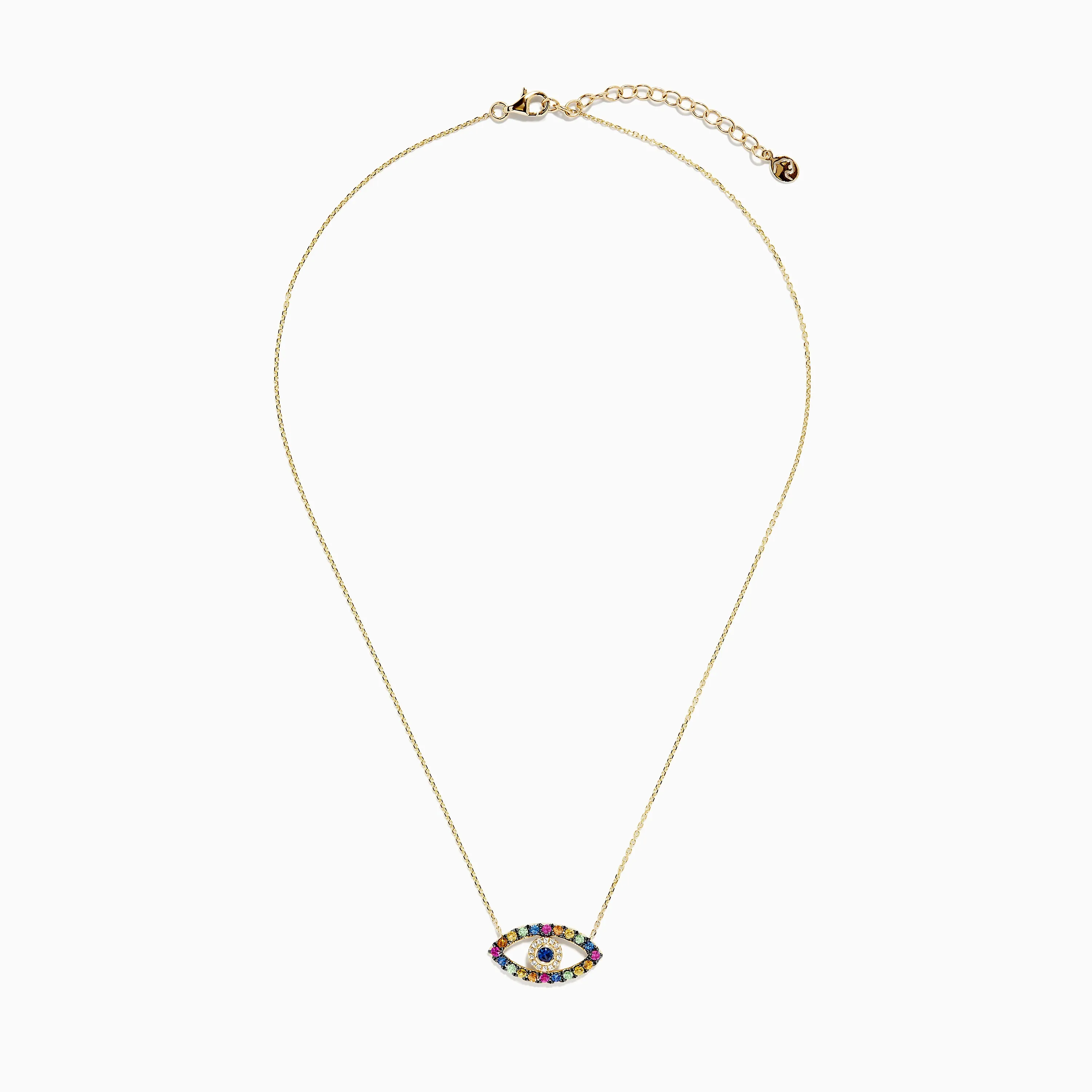 Novelty 14K Yellow Gold Multi Sapphire and Diamond Evil Eye Necklace