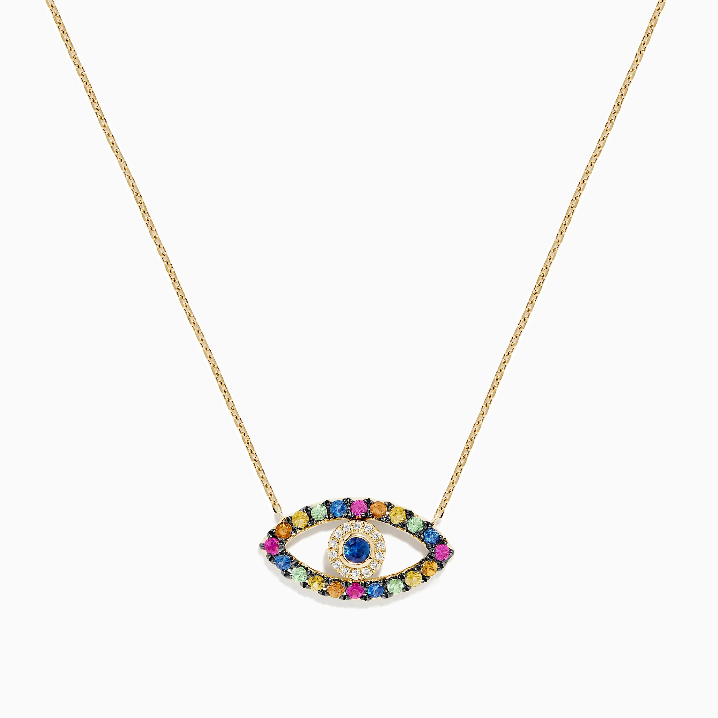 Novelty 14K Yellow Gold Multi Sapphire and Diamond Evil Eye Necklace