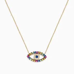 Novelty 14K Yellow Gold Multi Sapphire and Diamond Evil Eye Necklace