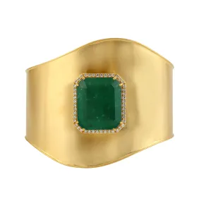 Octagon Emerald Micro pave Diamond 18k Yellow Gold Wide Cuff Statement Bracelet