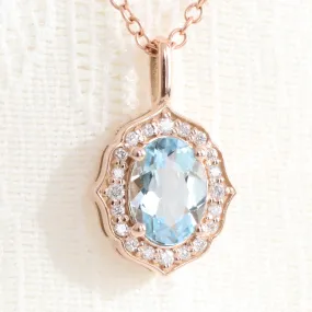 Oval Aquamarine Diamond Necklace in 14k Gold Vintage Floral Halo Pendant