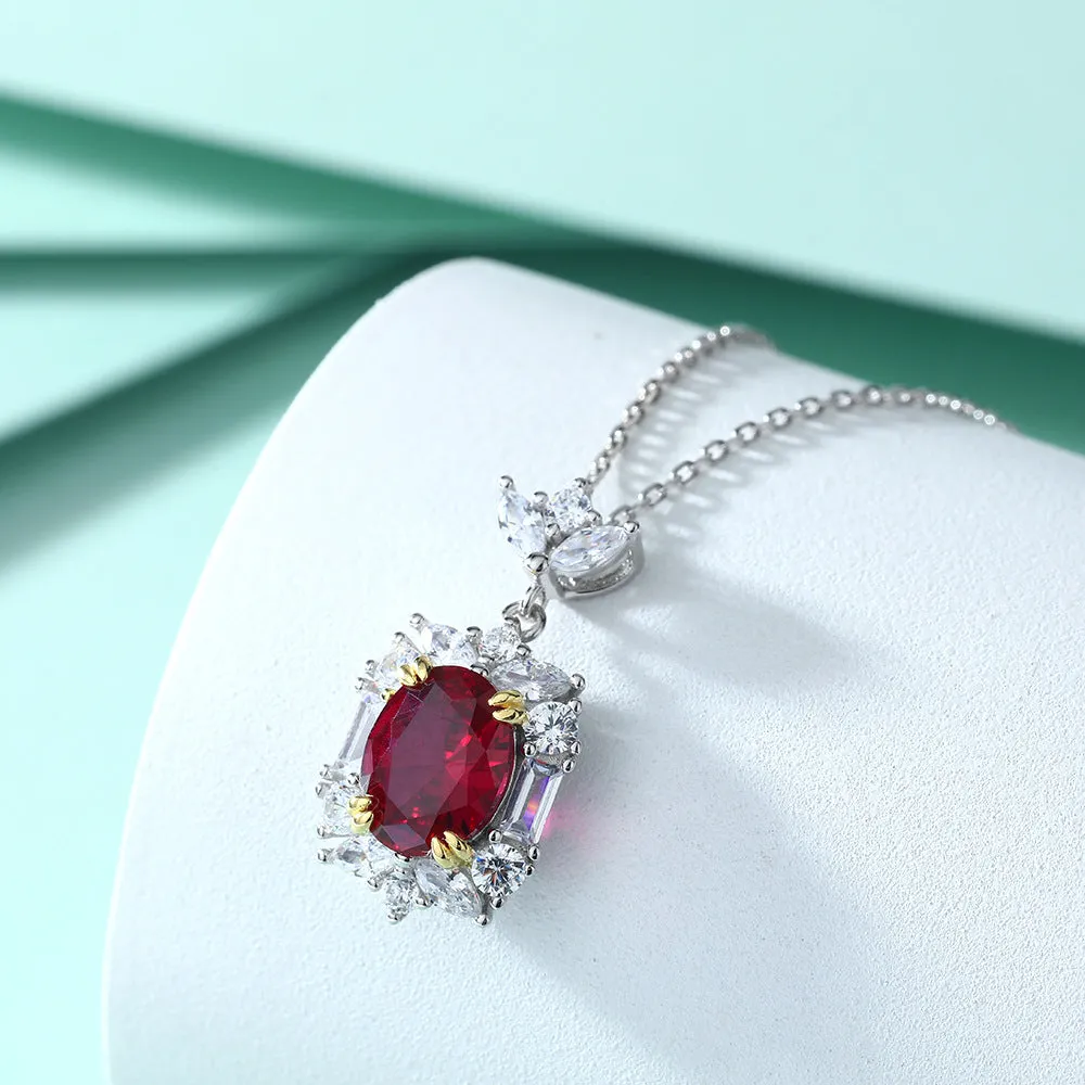 Oval Garnet with Zircon Pendant Silver Necklace for Women