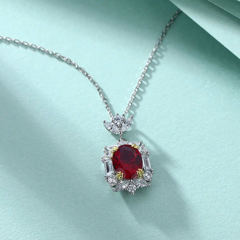 Oval Garnet with Zircon Pendant Silver Necklace for Women