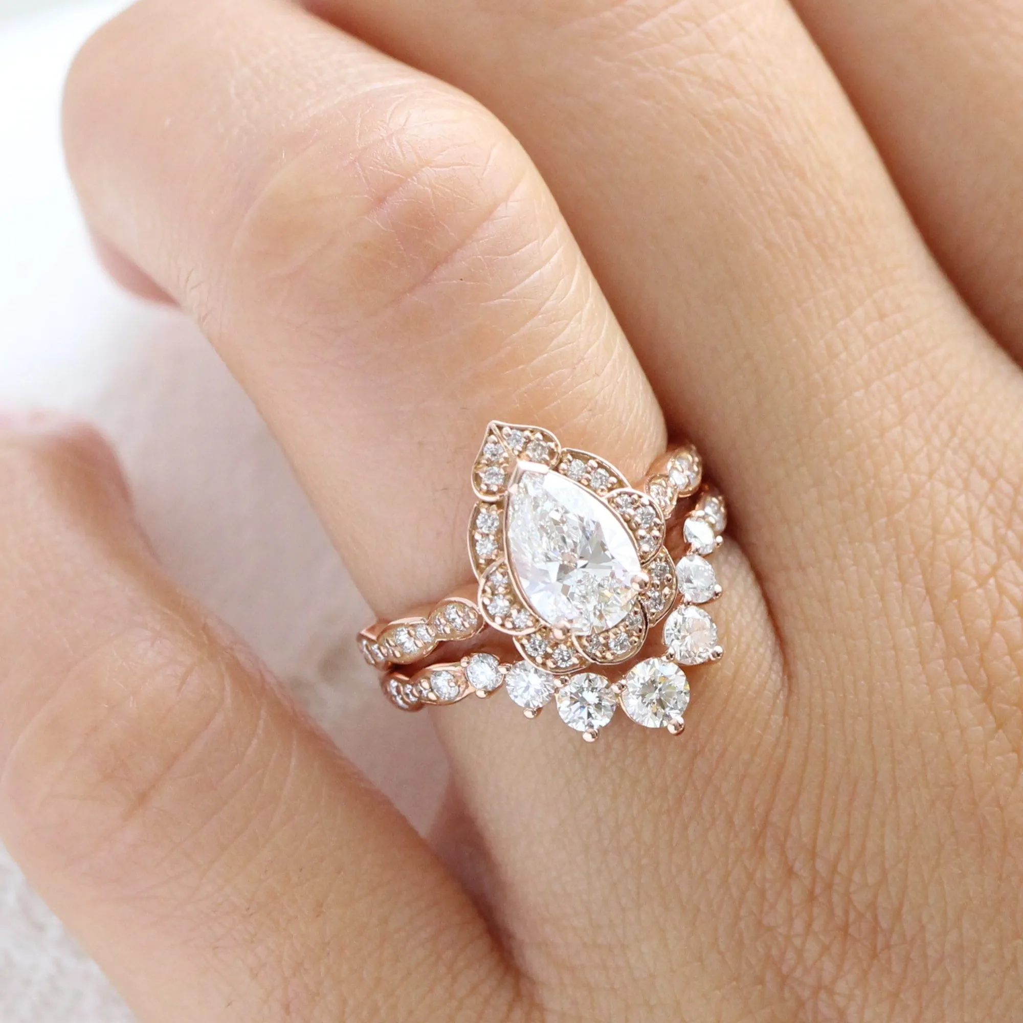 Pear Cut Lab Diamond Ring w/ Natural Diamonds in Vintage Floral Ring