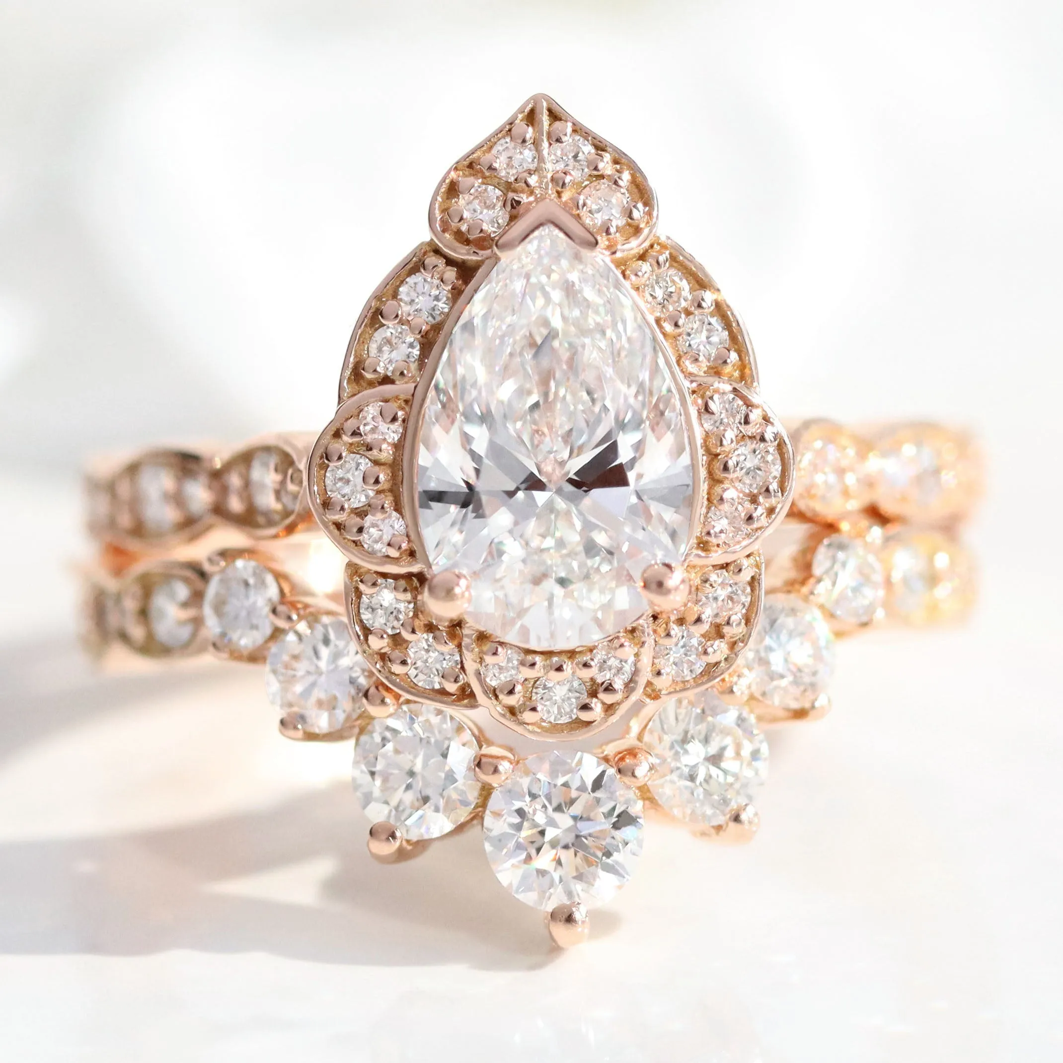 Pear Cut Lab Diamond Ring w/ Natural Diamonds in Vintage Floral Ring