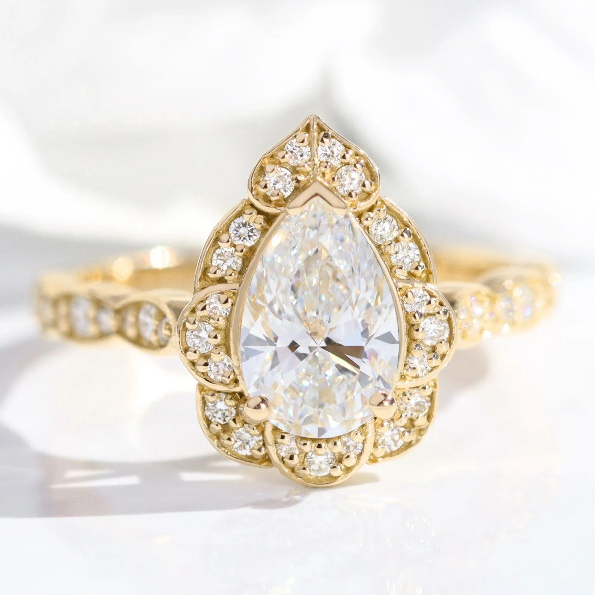 Pear Cut Lab Diamond Ring w/ Natural Diamonds in Vintage Floral Ring