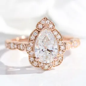 Pear Cut Lab Diamond Ring w/ Natural Diamonds in Vintage Floral Ring