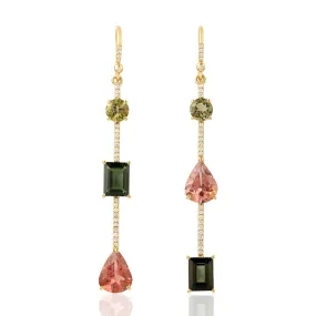 Pear Cut Tourmaline Diamond 18k Yellow Gold Hook Mismatch Danglers For Gift