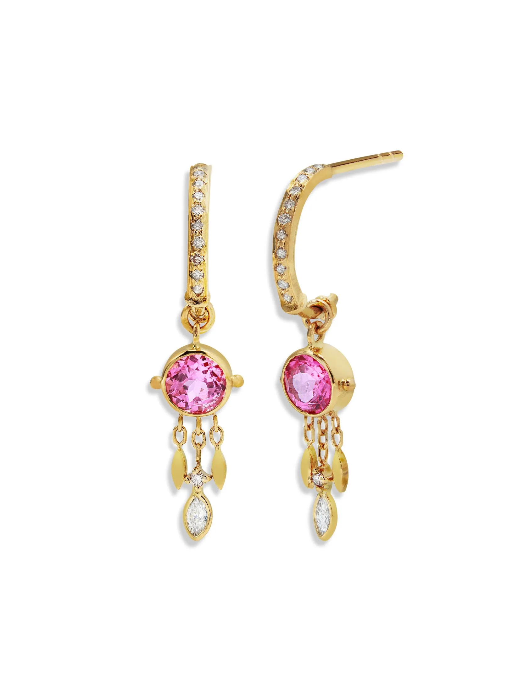 Pink Tourmaline and Dangling Diamonds Yellow Gold Hoop Earrings