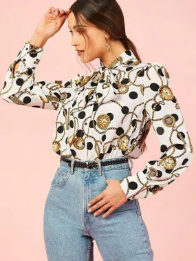 Polka Dot And Watch Print Long Sleeve Blouse