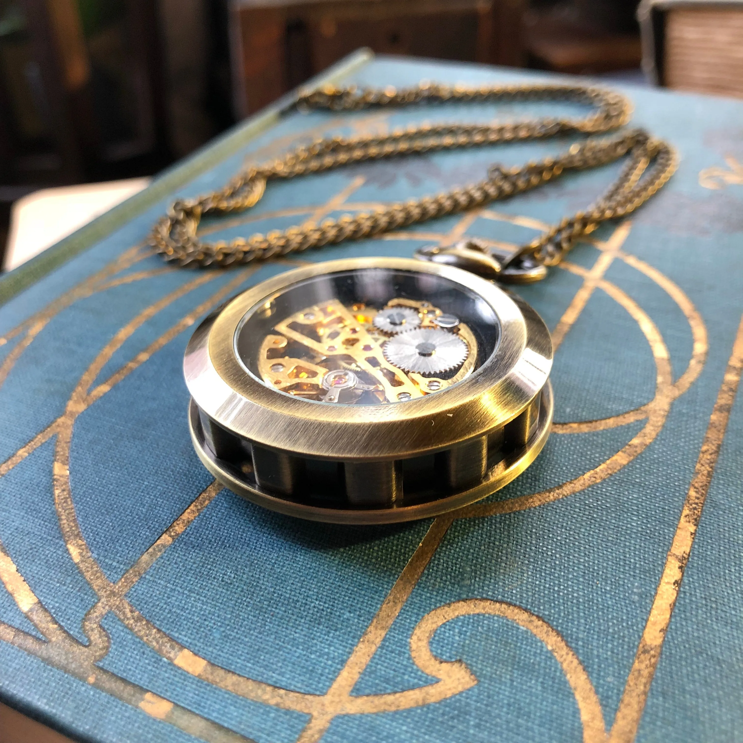 Postmodern Mechanical Pocket Watch - Bronze Silver or Black on Fob or Necklace