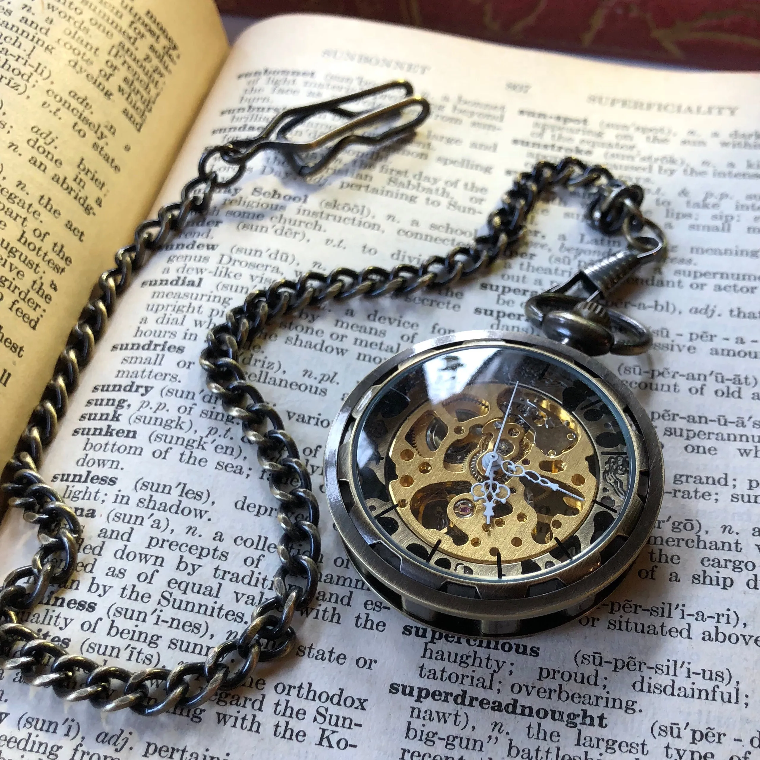 Postmodern Mechanical Pocket Watch - Bronze Silver or Black on Fob or Necklace