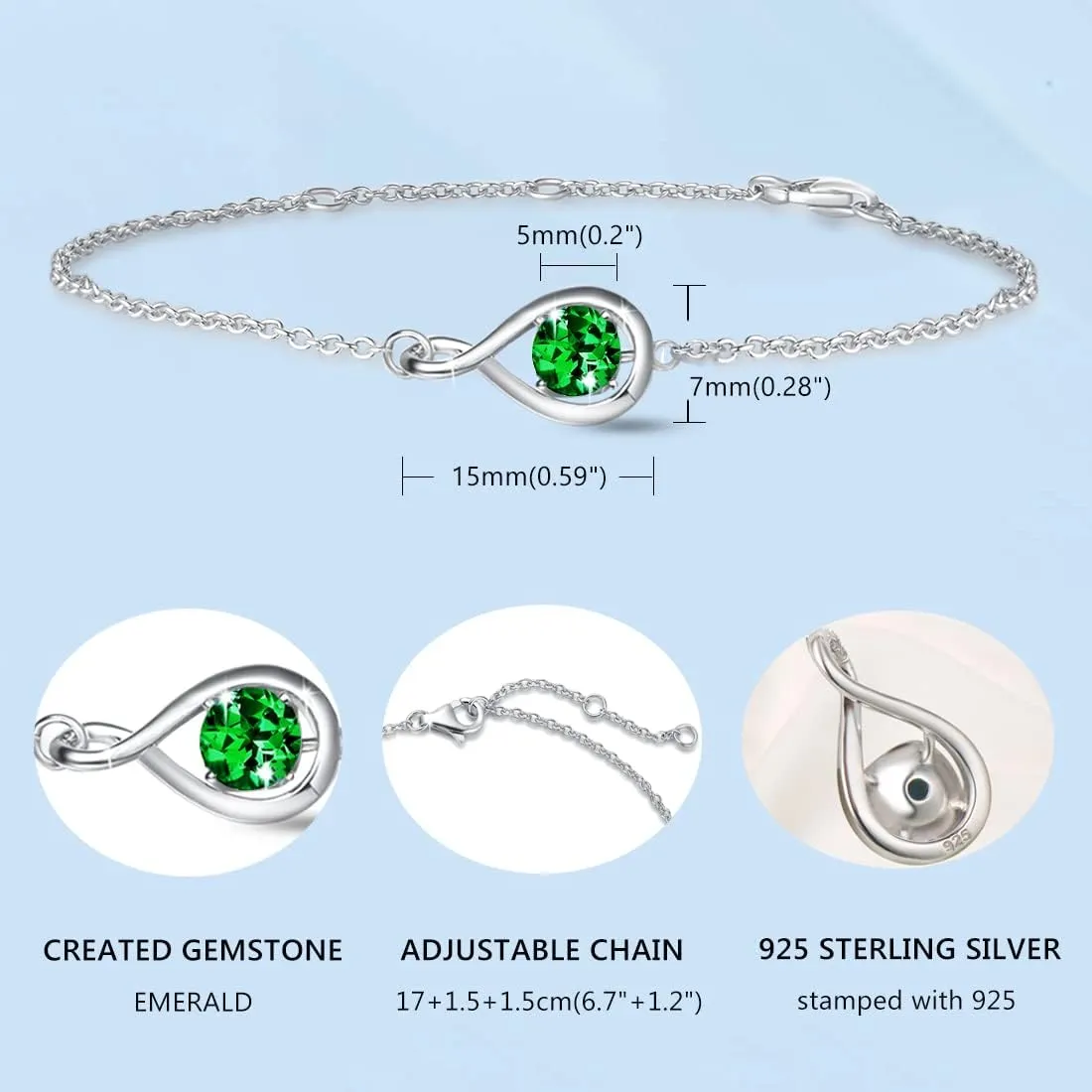 "Infinite Embrace" May Birthstone Emerald Stone Infinity Symbol Sterling Silver Bracelet