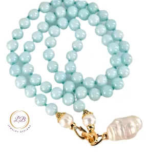 Rare Keshi Pearl Drop & Aquamarine Gemstone Double-Knotted Statement Necklace 18"