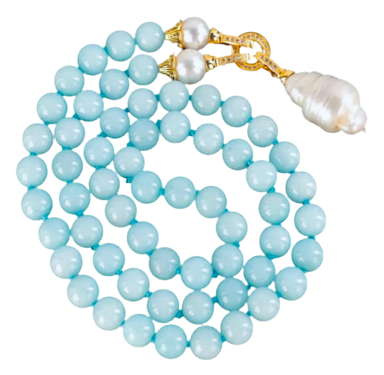 Rare Keshi Pearl Drop & Aquamarine Gemstone Double-Knotted Statement Necklace 18"