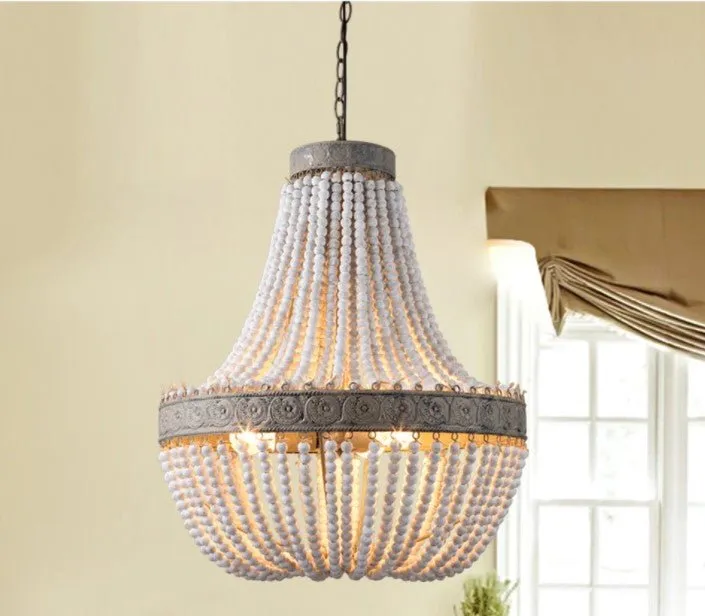 Retro Loft Vintage Chandelier Rustic Round Wooden Beads Pendant Lamp