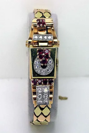 Retro Pink & Green Gold Diamond & Ruby Watch