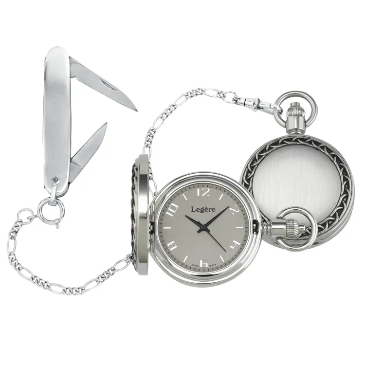 Rhodium Finish Large Pocket Watch Braid Edge Knife & Chain Set