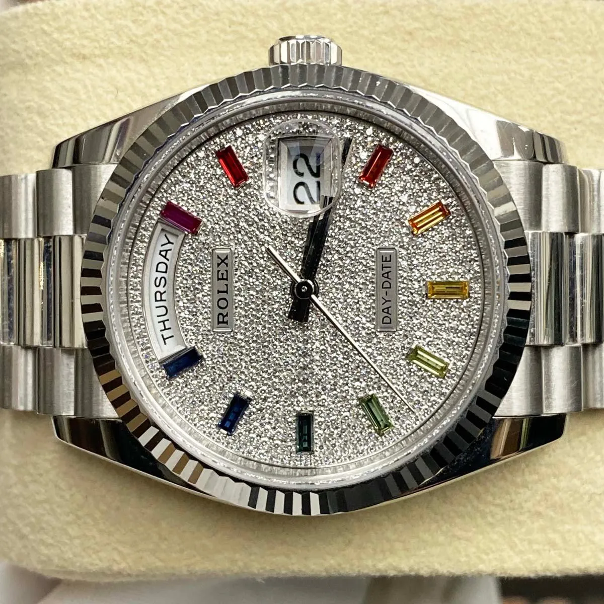 Rolex Day-Date Rainbow Pave Diamond Dial Fluted Bezel Platinum 36mm 128236 Pre-Owned