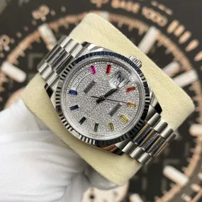 Rolex Day-Date Rainbow Pave Diamond Dial Fluted Bezel Platinum 36mm 128236 Pre-Owned