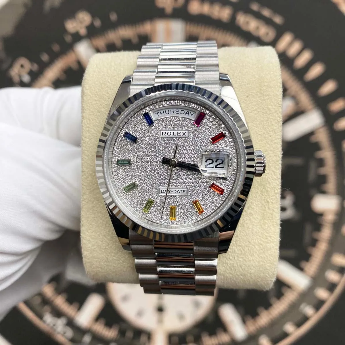 Rolex Day-Date Rainbow Pave Diamond Dial Fluted Bezel Platinum 36mm 128236 Pre-Owned