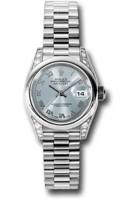 Rolex Platinum Lady-Datejust 26 Watch - Domed Bezel - Glacier Blue Roman Dial - President Bracelet - 179296 gbrp