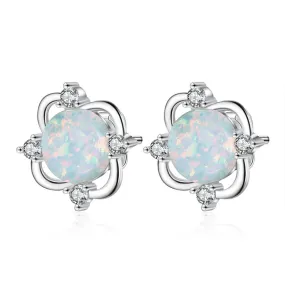 Round Opal Small Zircon Flower Sterling Silver Stud Earrings