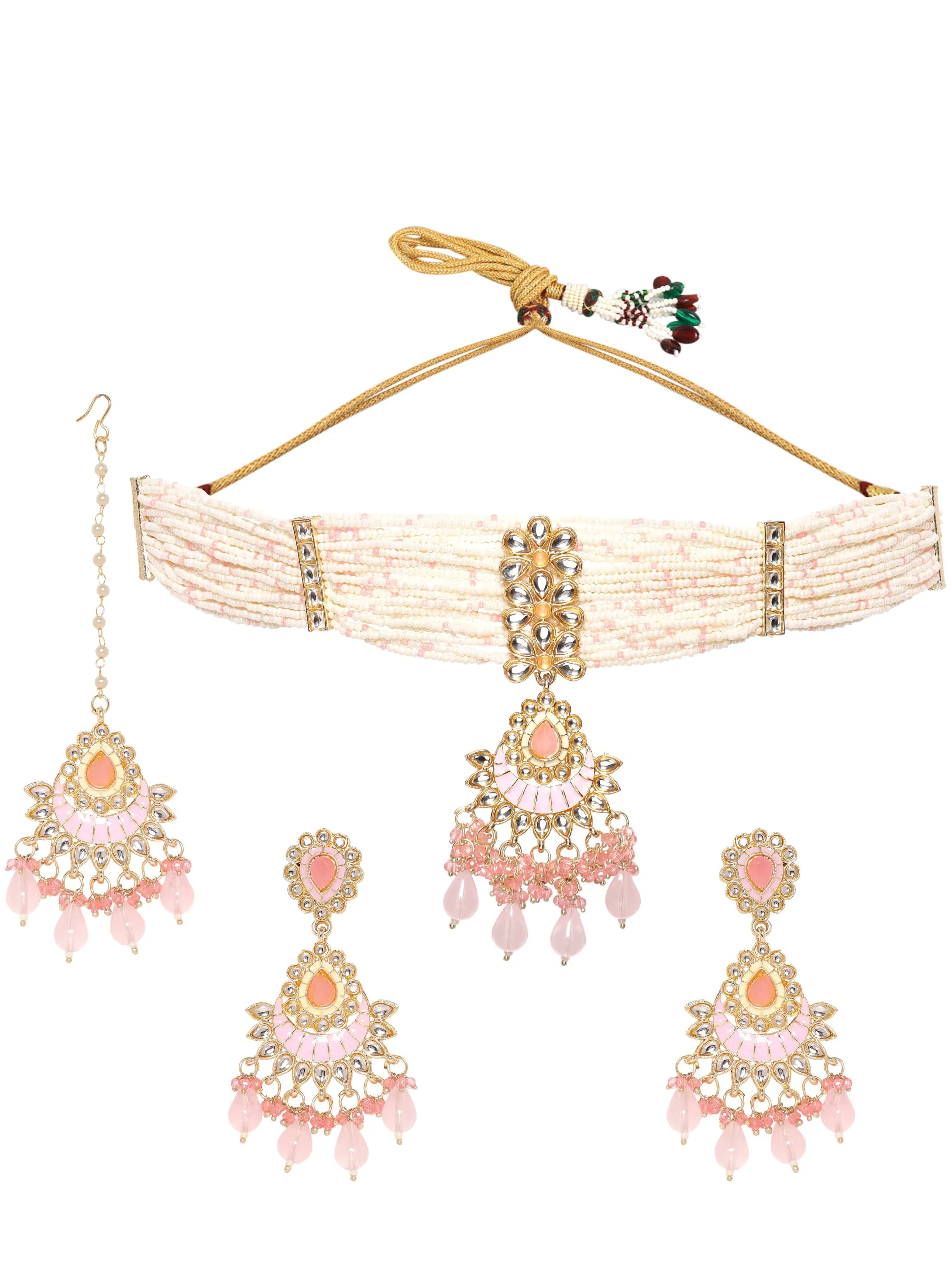 Rubans Enchanting Blush Pink Enamel Kundan Beaded Necklace Set