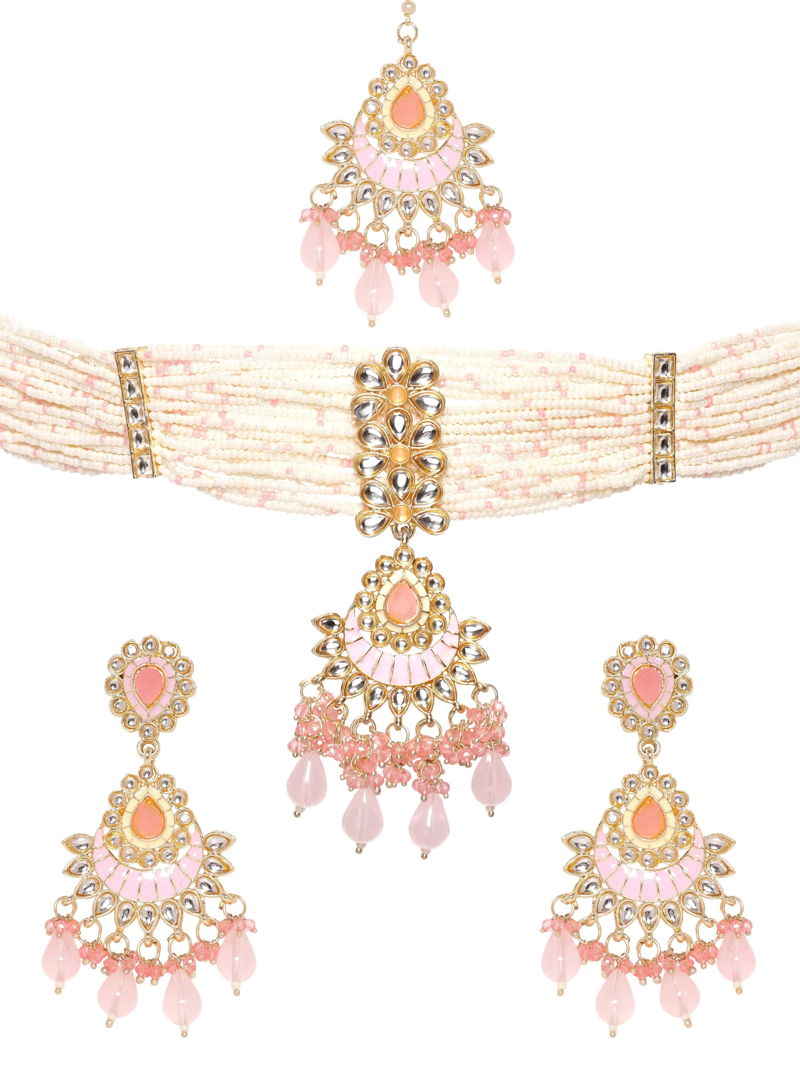 Rubans Enchanting Blush Pink Enamel Kundan Beaded Necklace Set