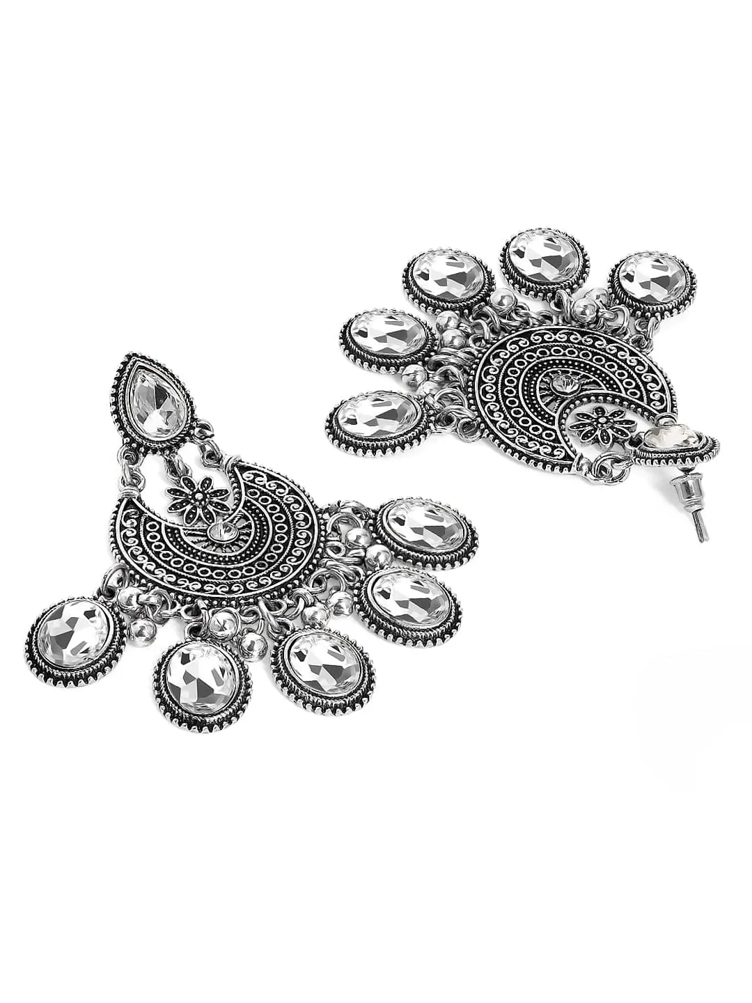 Rubans Oxidized Silver-Plated White AD Stone Studded Chandelier Earrings in Silver Tone