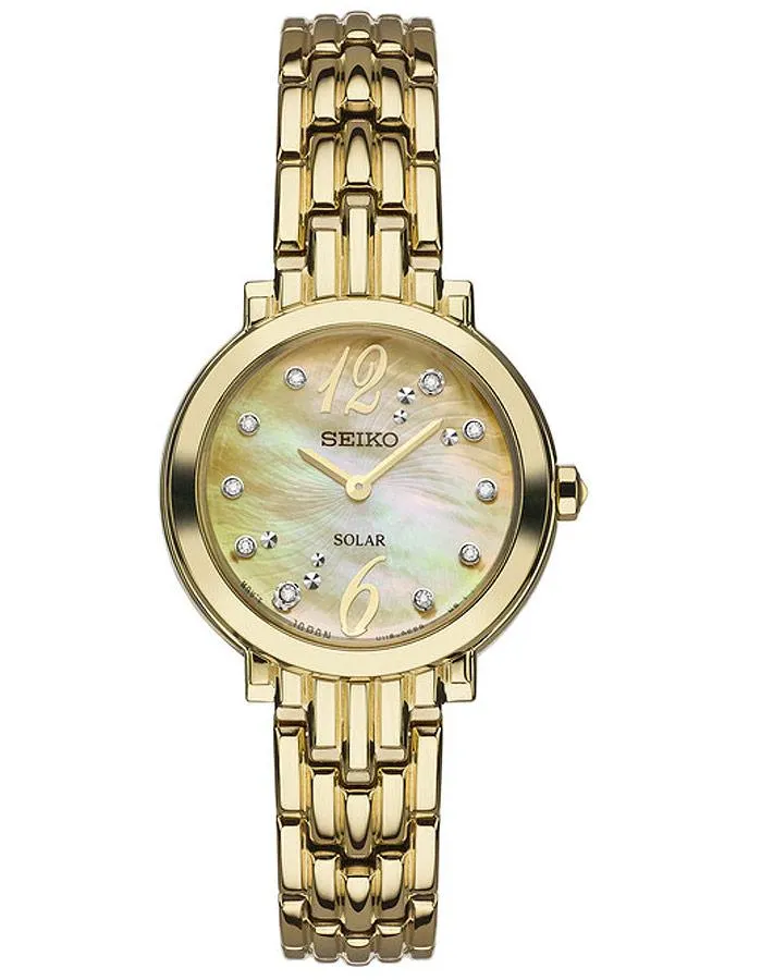 Seiko Womens Solar Tressia Diamond Watch - Gold-Tone - Mother of Pearl Dial