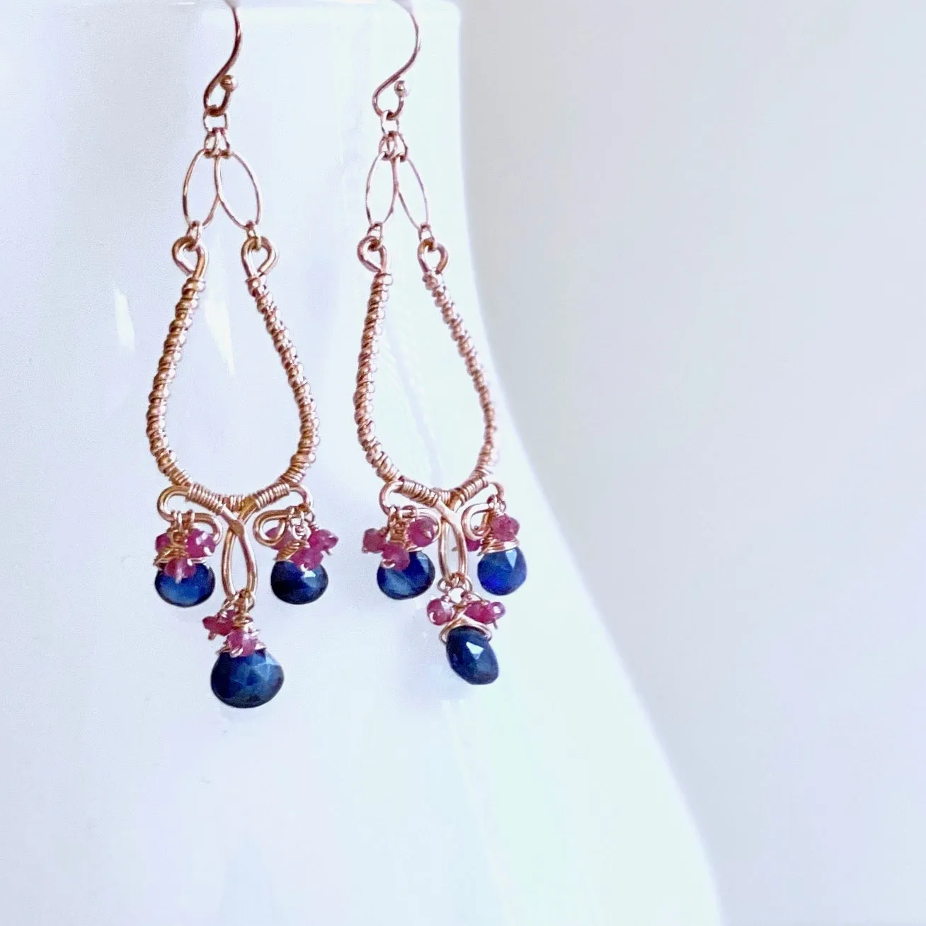 Selena - Kyanite, Pink Sapphires, 14k Rose Gold Filled Chandelier Earrings